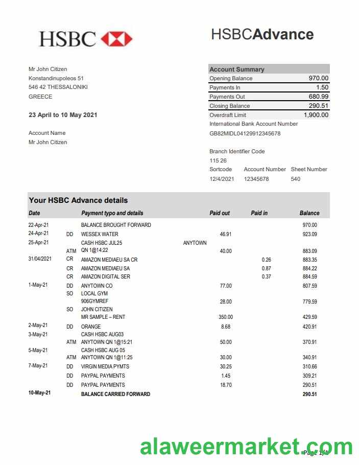 Greece HSBC bank statement easy to fill template in Excel and PDF format